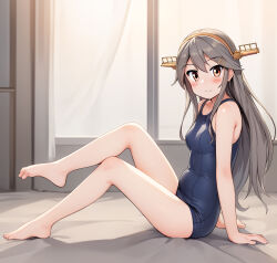 Rule 34 | 1girl, barefoot, bed, blue one-piece swimsuit, breasts, brown eyes, curtains, full body, grey hair, hair ornament, hairband, hairclip, haruna (kancolle), haruna kai ni (kancolle), headgear, highres, kantai collection, looking at viewer, medium breasts, neopure, old school swimsuit, one-piece swimsuit, school swimsuit, smile, solo, swimsuit, window