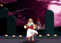 Rule 34 | 1girl, animated, animated gif, blonde hair, blue eyes, castle, comet, crown, dress, elbow gloves, english text, fire, fire flower, fire peach, full body, gloves, high heels, long hair, looking at viewer, looping animation, mario (series), night, nintendo, open mouth, outdoors, pixeltoast, princess peach, red footwear, sidelocks, sky, solo, standing, star (sky), starry sky, super mario 3d world, white dress, white gloves