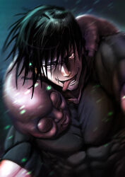 Rule 34 | 1boy, absurdres, artist request, black hair, crazy smile, creature, creature on shoulder, dutch angle, floating hair, fushiguro touji, highres, jujutsu kaisen, looking at viewer, male focus, mature male, monster, motion blur, muscular, muscular male, on shoulder, pectorals, scar, scar on face, scar on mouth, shirt, short hair, smile, snowing, solo, taut clothes, taut shirt, tongue, tongue out, upper body
