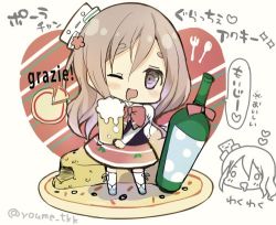 Rule 34 | 10s, 1girl, alcohol, beer, bottle, cheese, chibi, drooling, drunk, food, grey eyes, grey hair, hitsuji takako, italian text, italy, kantai collection, long hair, lowres, mouth drool, pizza, pola (kancolle), thighhighs, translation request