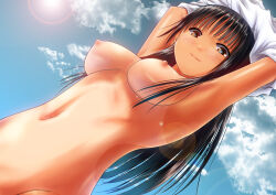 Rule 34 | 1girl, ano hito, armpits, arms up, black hair, blue sky, breasts, brown eyes, clothes lift, cloud, commentary request, from below, lens flare, long hair, looking at viewer, medium breasts, nipples, nude, original, shirt lift, sky, smile, solo, sun, tan, tanline, undressing