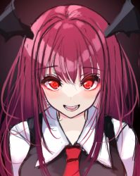 Rule 34 | 1girl, 7saki, :d, bad id, bad pixiv id, blouse, brown background, dark background, face, gradient background, hair between eyes, head wings, koakuma, long hair, looking at viewer, necktie, open mouth, red eyes, red hair, red necktie, shirt, simple background, smile, solo, touhou, underwear, white shirt, wings