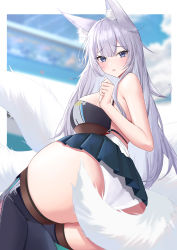 Rule 34 | 1girl, absurdres, animal ear fluff, animal ears, ass, azur lane, bare arms, bare shoulders, blue eyes, blurry, blurry background, blush, breasts, fox ears, fox girl, fox tail, highres, kirin3145, large breasts, long hair, looking at viewer, miniskirt, panties, pantyshot, parted lips, pleated skirt, shinano (azur lane), shinano (moonlit chrome) (azur lane), skirt, tail, thighhighs, thighs, underwear, white hair, white panties, white tail