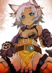 Rule 34 | 10s, 1girl, :o, animal ears, animal hands, bare shoulders, blue eyes, blush, breasts, cat ears, cat paws, claws, cleavage, dark-skinned female, dark skin, dress, erune, feathers, flower, granblue fantasy, grey hair, hair flower, hair ornament, hairband, highres, izuoku, looking at viewer, melleau, no panties, open mouth, pelvic curtain, short hair, side slit, sitting, small breasts, solo, thighhighs, yellow thighhighs