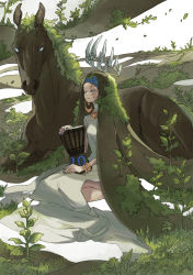 Rule 34 | 1girl, absurdres, animal, bone, bracelet, closed eyes, closed mouth, dress, drum, earrings, floating crown, grass, habit, highres, holding, holding instrument, horse, instrument, jewelry, moss, original, ototoi (eevees813), outdoors, plant, seiza, sitting, solo, white dress