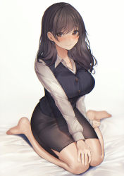 Rule 34 | 1girl, amane ruri, arm support, bed sheet, black hair, black skirt, blouse, blurry, blush, breasts, brown eyes, closed mouth, commentary request, depth of field, hand on own knee, highres, large breasts, long hair, long sleeves, looking at viewer, mole, mole on cheek, office lady, original, pantyhose, pencil skirt, see-through, see-through legwear, shirt, simple background, sitting, skirt, striped, vertical stripes, vest, wariza, white background, white pantyhose, white shirt