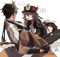 Rule 34 | ..., 1boy, 1girl, absurdres, all fours, black gloves, black hair, black headwear, black shorts, blush, brooch, brown hair, chinese clothes, coat, coattails, collared coat, collared shirt, colored tips, flower, flower-shaped pupils, formal, genshin impact, girl on top, gloves, gradient hair, hair between eyes, hat, hat flower, hat ornament, highres, hu tao (genshin impact), jacket, jewelry, long hair, long sleeves, lying, multicolored hair, musical note, necktie, on back, open mouth, plum blossoms, ponytail, porkpie hat, red eyes, red shirt, shirt, shorts, signature, star-shaped pupils, star (symbol), suit, sweatdrop, symbol-shaped pupils, tailcoat, twintails, vest, white background, zhongli (genshin impact), zoo min