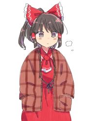 Rule 34 | 1girl, bad id, bad twitter id, black hair, bow, brown jacket, grey eyes, hair bow, hakurei reimu, highres, jacket, long sleeves, pleated skirt, ponytail, red bow, red neckwear, red skirt, red vest, sasa kichi, short hair, simple background, skirt, solo, touhou, upper body, vest, white background