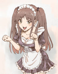 Rule 34 | 10s, 1girl, apron, breasts, brown hair, cleavage, dress, female focus, frills, gradient background, green eyes, hair bobbles, hair ornament, kyouka asuka, looking at viewer, maid, maid apron, maid headdress, okamoto miyu, open mouth, smile, solo, twintails, wake up girls!