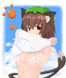 Rule 34 | 1girl, animal ear fluff, animal ears, arms up, bare shoulders, bikini, blue sky, border, breasts, brown hair, cat ears, cat tail, chaha, chen, cloud, commentary request, covered erect nipples, day, earrings, green hat, hat, highres, jewelry, looking at viewer, micro bikini, mob cap, multiple tails, nekomata, outdoors, outside border, paw print, red eyes, see-through, shirt, short hair, sky, small breasts, solo, sweat, swimsuit, tail, touhou, two tails, undressing, white bikini, white border, white shirt