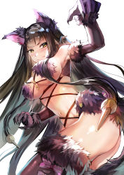 Rule 34 | 1girl, alternate color, animal costume, animal ears, arm up, armpits, ass, bare shoulders, black hair, blush, breasts, cleavage, cosplay, elbow gloves, embarrassed, fang, fang out, fate/apocrypha, fate/grand order, fate (series), fur trim, furrowed brow, gloves, halloween, halloween costume, highres, huamuan huamuan, large breasts, long hair, mash kyrielight, mash kyrielight (dangerous beast), mash kyrielight (dangerous beast) (cosplay), navel, o-ring, o-ring top, official alternate costume, pointy ears, red eyes, ribbon, semiramis (fate), shielder (fate/grand order) (cosplay), simple background, slit pupils, solo, tail, thighhighs, very long hair, white background, wolf ears, wolf tail, yellow eyes