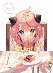 Rule 34 | 1girl, 1other, anya (spy x family), blush, child, flower, food, fork, green eyes, highres, holding, holding fork, kuri (animejpholic), long sleeves, looking at viewer, open mouth, pink flower, pink hair, pink rose, plate, pov, rose, sausage, sitting, speech bubble, spy x family, steak, vase