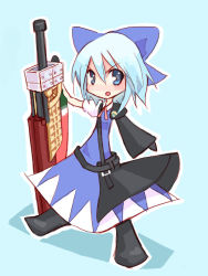 Rule 34 | 1girl, advent cirno, blue eyes, blue hair, chibi, cirno, dress, female focus, full body, matching hair/eyes, simple background, solo, sword, touhou, weapon