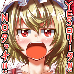 Rule 34 | &gt;:o, 1girl, :o, blonde hair, flandre scarlet, hat, jitome, lowres, mob cap, open mouth, portrait, red eyes, ribbon, short hair, side ponytail, solo, touhou, translation request, v-shaped eyebrows, zan (harukahime)