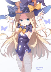 Rule 34 | 1girl, abigail williams (fate), abigail williams (second ascension) (fate), animal ears, animal hat, aoi masami, armpits, arms up, black hat, blonde hair, blue eyes, blush, bow, breasts, bug, butterfly, commentary request, dated, fake animal ears, fate/grand order, fate (series), fishnet pantyhose, fishnets, hat, hat bow, highleg, highleg leotard, insect, keyhole, leotard, long hair, orange bow, pantyhose, parted bangs, parted lips, playboy bunny, print bow, purple bow, purple leotard, rabbit ears, rabbit girl, rabbit hat, simple background, small breasts, solo, star (symbol), star print, strapless, strapless leotard, stuffed animal, stuffed toy, teddy bear, twitter username, very long hair, white background, witch hat, wrist