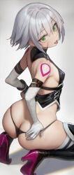 Rule 34 | 1girl, ass, back, bandaged arm, bandages, bare shoulders, black gloves, black panties, black thighhighs, black vest, boots, breasts, butt crack, cropped vest, facial scar, fate/apocrypha, fate/grand order, fate (series), fingerless gloves, gloves, green eyes, hair between eyes, high heels, highres, jack the ripper (fate/apocrypha), kneeling, looking at viewer, looking back, nyatabe, open mouth, panties, purple footwear, scar, scar across eye, scar on cheek, scar on face, short hair, shoulder tattoo, single glove, small breasts, solo, tattoo, thigh boots, thighhighs, thighs, tongue, tongue out, underwear, vest, white hair