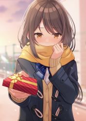 Rule 34 | 1girl, blue bow, blue bowtie, blue jacket, blurry, blurry background, blush, bow, bowtie, box, brown eyes, brown hair, cardigan, cloud, commentary request, covered mouth, holding, holding box, jacket, long hair, long sleeves, looking down, nose blush, orange scarf, original, outstretched arm, scarf, school uniform, shiromikan, shirt, sky, solo, sunset, uniform, valentine, white shirt