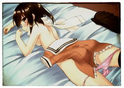 Rule 34 | 10s, 1girl, arms up, bed, bed sheet, black thighhighs, blush, border, breasts, brown eyes, brown hair, clenched teeth, clothes around waist, heart, heart-shaped pupils, jacket, jacket around waist, juice, kantai collection, looking at viewer, lying, on bed, on stomach, open mouth, orange juice, panties, panty pull, pink panties, sailor collar, scarf, sendai (kancolle), short hair, short sleeves, sidelocks, solo, sweat, sweatdrop, symbol-shaped pupils, teardrop, tears, teeth, thighhighs, thighs, topless, underwear, white border, white scarf, zero (miraichizu)
