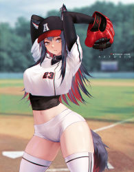 1girl animal_ears arknights arms_up artist_name aztodio baseball_cap baseball_glove baseball_uniform black_hair black_hat blurry blurry_background breasts brown_eyes clothes_lift commentary cowboy_shot crop_top crop_top_overhang earrings ears_through_headwear english_commentary groin hat highres jewelry large_breasts long_hair looking_at_viewer micro_shorts midriff multicolored_hair multiple_earrings navel outdoors parted_lips photoshop_(medium) red_hair shirt shirt_lift short_shorts shorts solo sportswear standing texas_(arknights) thighhighs thighs white_shirt white_shorts white_thighhighs wolf_ears