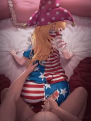 Rule 34 | 1boy, 1girl, aftersex, all fours, american flag dress, american flag legwear, ass, blonde hair, clothed female nude male, clownpiece, cum, cum on ass, cum on clothes, fairy wings, from above, hat, hetero, highres, jester cap, long hair, looking at viewer, looking back, looking up, nude, on bed, pantyhose, penis, pillow, pink headwear, pink pet bottle, polka dot, pov, pov hands, red eyes, short sleeves, solo focus, star (symbol), star print, striped, torn clothes, torn legwear, touhou, transparent wings, uncensored, wings