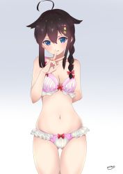 Rule 34 | 1girl, :p, absurdres, ahoge, arm behind back, bad id, bad pixiv id, black hair, blue eyes, bow, bow bra, bow panties, bra, braid, breasts, cleavage, closed mouth, collarbone, cowboy shot, frilled panties, frills, gluteal fold, gradient background, grey background, groin, hair between eyes, hair bow, hair ornament, hair over shoulder, hairpin, highres, kantai collection, kiririn (ankade), lingerie, long hair, looking at viewer, navel, panties, pink bra, red bow, red bra, red panties, shigure (kancolle), sidelocks, single braid, small breasts, smile, solo, standing, striped bra, striped clothes, thigh gap, tongue, tongue out, underwear, underwear only, vertical-striped bra, vertical-striped clothes, white background, white panties