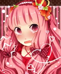 Rule 34 | 1girl, bad id, bad pixiv id, bow, embarrassed, fangs, food, food-themed hair ornament, food themed hair ornament, fruit, hair bow, hair ornament, hairband, heart, kurone roku, long hair, open mouth, original, pink hair, pink theme, red eyes, solo, strawberry, strawberry hair ornament, striped, striped background, tears, twintails