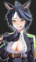 Rule 34 | 1girl, :q, absurdres, ahoge, animal ears, arm at side, black hair, black necktie, blue eyes, blush, breasts, center frills, center opening, ear ornament, eyelashes, frilled shirt, frills, fuji kiseki (umamusume), furrowed brow, gloves, grey hair, hand up, highres, horse ears, jacket, jewelry, jitome no tsugumi, licking lips, long sleeves, looking at viewer, medium breasts, multicolored hair, naughty face, necktie, no bra, open clothes, open jacket, shirt, short hair, solo, sweat, tongue, tongue out, two-tone hair, umamusume, upper body