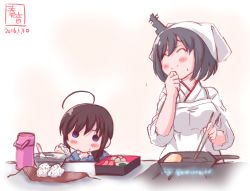Rule 34 | 10s, 2girls, aged down, ahoge, apron, bento, black hair, blue eyes, blush, braid, brown hair, chopsticks, closed eyes, commentary request, cooking, dated, eating, fire, food, food on face, frying pan, hair ornament, hair over shoulder, hand to own mouth, highres, japanese clothes, kanon (kurogane knights), kantai collection, kappougi, makiyakinabe, multiple girls, omelet, onigiri, shigure (kancolle), short hair, single braid, smile, tamagoyaki, tenugui, thermos, yamashiro (kancolle)