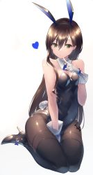 Rule 34 | 1girl, :o, animal ears, ankle strap, ascot, bang dream!, bare shoulders, between legs, black footwear, black leotard, black thighhighs, blue ascot, blue bow, bow, breasts, brown hair, brown pantyhose, commentary request, detached collar, fake animal ears, fake tail, finger to own chin, footwear bow, full body, gloves, gradient background, green eyes, grey background, hair behind ear, hair between eyes, hanazono tae, hand between legs, hand up, heart, high heels, highres, leotard, long hair, looking at viewer, pantyhose, parted lips, playboy bunny, print legwear, rabbit ears, rabbit tail, saikuu, seiza, sidelocks, sitting, small breasts, solo, star (symbol), star print, strapless, strapless leotard, strappy heels, tail, thighhighs, thighhighs over pantyhose, thighs, very long hair, white background, white gloves