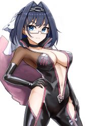 Rule 34 | 1girl, absurdres, areola slip, biker clothes, bikesuit, black choker, blue eyes, blue hair, bodysuit, breasts, center opening, chain, choker, cosplay, creator connection, earrings, fate (series), glasses, hair intakes, hand on own hip, highres, hip vent, hololive, hololive english, jewelry, koyanskaya (assassin) (first ascension) (fate), large breasts, looking at viewer, matmaj, medium hair, no bra, no panties, ouro kronii, revealing clothes, semi-rimless eyewear, simple background, skin tight, solo, tamamo (fate), tamamo no mae (fate/extra), tamamo no mae (fate/extra) (cosplay), under-rim eyewear, veil, virtual youtuber, white background, zipper, zipper pull tab