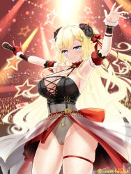 Rule 34 | 1girl, absurdres, ahoge, animal ears, armpits, blonde hair, blush, breasts, cameltoe, cleavage, cleft of venus, closed mouth, covered navel, detached sleeves, floating hair, gloves, hair ornament, hair ribbon, hairclip, hands up, highres, holding, holding microphone, hololive, horns, idol clothes, large breasts, long hair, looking at viewer, microphone, puffy short sleeves, puffy sleeves, purple eyes, red gloves, red ribbon, red sleeves, ribbon, sereneandsilent, sheep ears, sheep girl, sheep horns, short sleeves, signature, single glove, smile, standing, thigh strap, thighs, tsunomaki watame, tsunomaki watame (1st solo live), twitter username, very long hair, virtual youtuber