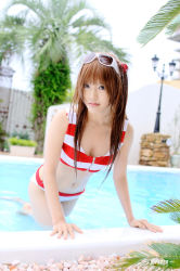 Rule 34 | 1girl, arm support, asian, bikini, blue eyes, breasts, color contacts, cosplay, dutch angle, eyewear on head, hairpods, kipi-san, lamppost, leaning forward, long hair, looking at viewer, mole, neon genesis evangelion, orange hair, outdoors, palm tree, photo (medium), pool, small breasts, smile, solo, souryuu asuka langley, souryuu asuka langley (cosplay), striped bikini, striped clothes, sunglasses, swimsuit, tree, wading, white-framed eyewear, zipper