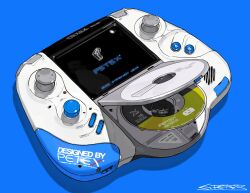 Rule 34 | 2023, absurdres, artist name, blue background, disc, handheld game console, highres, no humans, original, peter (peter6409), screen, shadow, simple background