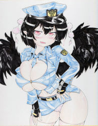 Rule 34 | 1girl, between breasts, black wings, blush, breasts, bursting breasts, cosplay, female focus, fingerless gloves, gloves, hat, large breasts, looking at viewer, necktie, okiraku nikku, open mouth, pencil skirt, police, police hat, police uniform, policewoman, red eyes, revealing clothes, shameimaru aya, shikishi, shirt, short hair, skirt, solo, thighhighs, tight clothes, tight shirt, touhou, traditional media, uniform, white thighhighs, wings