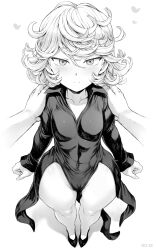 Rule 34 | 1girl, arms at sides, black dress, black footwear, blush, breasts, curly hair, dress, full body, greyscale, hair between eyes, hands on another&#039;s shoulders, heart, highres, looking at viewer, mogudan, monochrome, one-punch man, pov, pov hands, short hair, small breasts, smile, solo focus, standing, tatsumaki, thick thighs, thighs, wide hips
