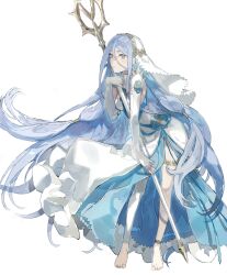 Rule 34 | 1girl, aisutabetao, azura (fire emblem), barefoot, blue hair, dress, elbow gloves, fingerless gloves, fire emblem, fire emblem fates, gloves, hair between eyes, hairband, highres, holding, holding polearm, holding weapon, jewelry, lance, light blue hair, long hair, looking at viewer, nintendo, polearm, simple background, solo, veil, very long hair, weapon, yellow eyes