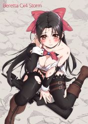 Rule 34 | 1girl, bare shoulders, belt, beretta cx4 storm, black hair, black thighhighs, blush, boots, bow, breasts, brown eyes, carbine, character name, cleavage, collarbone, cx4 storm (girls&#039; frontline), girls&#039; frontline, gun, hair bow, hair ribbon, highres, long hair, looking at viewer, medium breasts, name connection, panties, pistol-caliber carbine, red ribbon, revealing clothes, ribbon, rifle, rock, sitting, solo, submachine gun, sweat, thighhighs, torn clothes, torn thighhighs, underwear, weapon, yoruhasu gekkei
