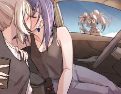 Rule 34 | 2girls, ahoge, animal ears, bare shoulders, black camisole, blue hair, blush, bow, bow earrings, brmameng, brown hair, camisole, car interior, car seat, cellphone, collar, crop top, denim, earrings, fingernails, food, hair intakes, hakos baelz, holding, holding phone, hololive, hololive english, ice cream, jeans, jewelry, kiss, mouse ears, mouse girl, mouse on head, mr. squeaks (hakos baelz), multicolored hair, multiple girls, nanashi mumei, off-shoulder shirt, off shoulder, ouro kronii, pants, phone, shirt, short hair, smartphone, spiked collar, spikes, steering wheel, streaked hair, t-shirt, tank top, twintails, virtual youtuber, wide-eyed, yuri