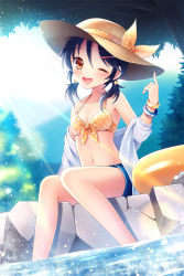 Rule 34 | 1girl, ;d, bikini, bikini top only, black hair, brown eyes, front-tie top, hair ornament, hairclip, hat, mauve, navel, one eye closed, open clothes, open mouth, open shirt, rico (sword girls), shirt, short hair, shorts, sitting, smile, soaking feet, solo, swimsuit, sword girls, water, wink