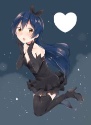 Rule 34 | 1girl, bare shoulders, black dress, black gloves, black thighhighs, blue hair, blush, choker, commentary request, dress, elbow gloves, floating, full body, gloves, hair between eyes, hair ribbon, heart, highres, long hair, looking at viewer, love live!, love live! school idol project, ribbon, sleeveless, sleeveless dress, smile, solo, sonoda umi, strapless, strapless dress, tatsuyoshi (zawahomura), thighhighs, yellow eyes