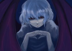 Rule 34 | 1girl, bat wings, blue hair, face, female focus, ginji (sakaki summer), hair between eyes, highres, no headwear, own hands clasped, own hands together, remilia scarlet, solo, touhou, vampire, wings