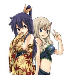 Rule 34 | 2girls, asymmetrical hair, back-to-back, bare shoulders, black hair, blue eyes, breasts, commentary request, covering own mouth, crop top, curly hair, dress, eden&#039;s zero, hair between eyes, hair ornament, hair ribbon, hairclip, height difference, homura kogetsu, japanese clothes, large breasts, long hair, long sleeves, looking at viewer, mashima hiro, midriff, mole, mole under eye, multiple girls, official art, ponytail, rebecca bluegarden, red eyes, ribbon, sideboob, skirt, smile, standing, stomach, strapless, strapless dress, yellow ribbon