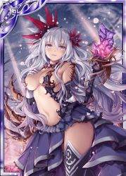 Rule 34 | 1girl, akkijin, bare shoulders, bare tree, breasts, card (medium), cleavage, crystal, dress, flower, gloves, glowing crystal, hair flower, hair ornament, hand on own chest, large breasts, long hair, looking at viewer, official art, purple eyes, purple ribbon, ribbon, shinkai no valkyrie, silver hair, sky, staff, star (sky), starry sky, thighhighs, tree, underwear, white gloves