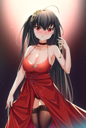 Rule 34 | 1girl, absurdres, ahoge, azur lane, bad id, bad pixiv id, bare shoulders, black hair, black panties, black thighhighs, blush, breasts, catnnn, choker, cleavage, cocktail dress, collarbone, commentary request, cowboy shot, cup, dress, drinking glass, hair between eyes, hair ornament, highres, large breasts, light particles, long hair, looking at viewer, nose blush, official alternate costume, one side up, open mouth, panties, parted lips, red choker, red dress, red eyes, skirt hold, smile, solo, standing, taihou (azur lane), taihou (forbidden feast) (azur lane), thighhighs, underwear, very long hair