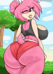 Rule 34 | 1girl, alternate costume, alternate hairstyle, amy rose, ass, bare shoulders, bmayyne, breasts, cameltoe, come hither, from behind, furry, green eyes, hair bun, highres, huge ass, large breasts, looking at viewer, looking back, one eye closed, parted lips, pink hair, shiny clothes, shiny skin, short hair, short shorts, shorts, sideboob, smile, solo, sonic (series), sweat, tail