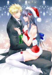 Rule 34 | 1boy, 1girl, arm around waist, ass, black hair, box, breasts, christmas, feet, from side, galford d weller, garter straps, gift, gift box, girl on top, hair ribbon, large breasts, legs, long hair, looking at another, nakoruru, necktie, no panties, pants, parted lips, pointy hair, purple eyes, ribbon, samurai spirits, santa costume, scarf, sideboob, sitting, smile, snk, thighhighs, thighs, tuxedo