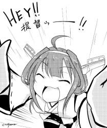 Rule 34 | 1girl, ahoge, black skirt, closed eyes, english text, fang, foreshortening, greyscale, hair between eyes, hair ornament, incoming hug, kantai collection, kongou (kancolle), monochrome, motion lines, nontraditional miko, open mouth, outstretched arms, reaching, reaching towards viewer, skirt, taurine 8000mg, thighhighs, translated, twitter username, wide sleeves, zettai ryouiki