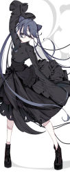 Rule 34 | 1girl, :|, absurdres, ankle boots, arm up, black dress, black eyes, boots, closed mouth, cone hair bun, double bun, dress, expressionless, full body, grey hair, hair bun, highres, long hair, long sleeves, looking at viewer, original, platform boots, platform footwear, sleeves past fingers, sleeves past wrists, solo, standing, very long hair, white background, wide sleeves, yonemuro