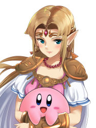 Rule 34 | 1girl, 1other, :d, blonde hair, blue eyes, blush, commentary request, earrings, highres, hug, jewelry, kirby, kirby (series), long hair, looking at viewer, necklace, nintendo, open mouth, pearl necklace, pointy ears, princess zelda, schreibe shura, shoulder pads, simple background, smile, super smash bros., the legend of zelda, the legend of zelda: a link between worlds, the legend of zelda: a link to the past, triforce, vambraces, white background