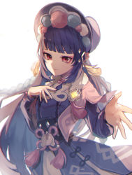 Rule 34 | 1girl, absurdres, blunt bangs, bonnet, commentary, dress, eyeshadow, flower knot, fur-trimmed dress, fur trim, genshin impact, hair ornament, hand on own chest, highres, hime cut, kino (m6t2a), long hair, looking at viewer, makeup, outstretched hand, purple dress, purple hair, red eyes, red eyeshadow, simple background, smile, solo, standing, tassel, upper body, vision (genshin impact), white background, yun jin (genshin impact)
